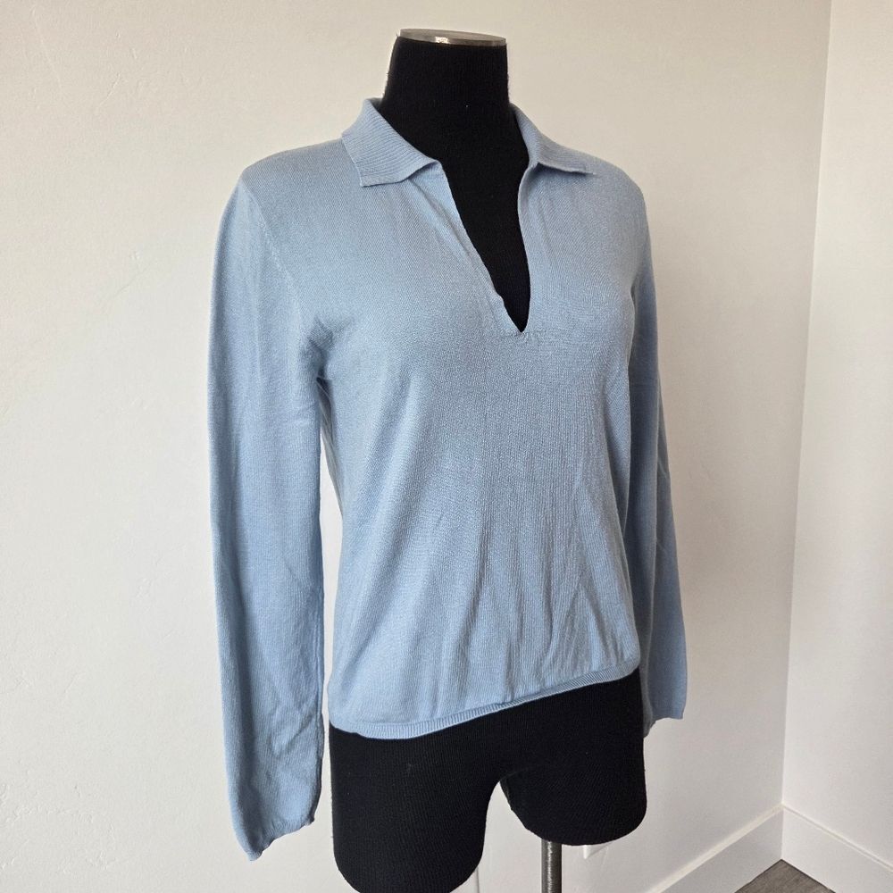 Max Studio Baby Blue Sweater Ultra Soft Knit Notched Collar Preppy Old Money S